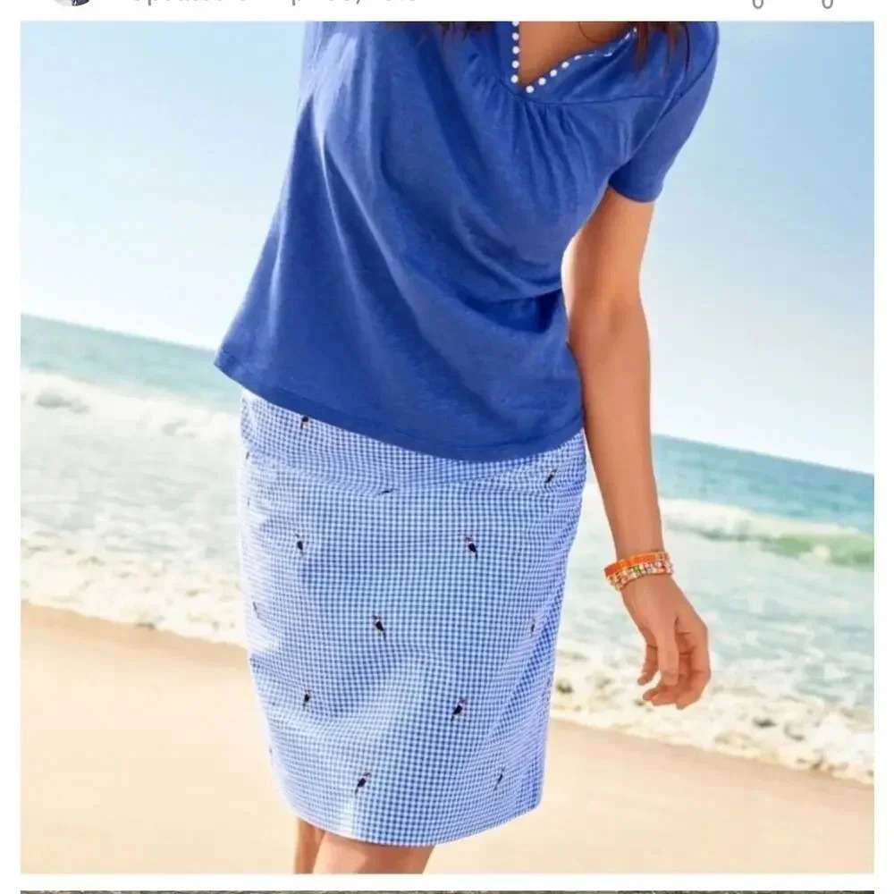 Talbots Blue & White Gingham Check Toucan Parrot Print Side Zip Skirt Size 14